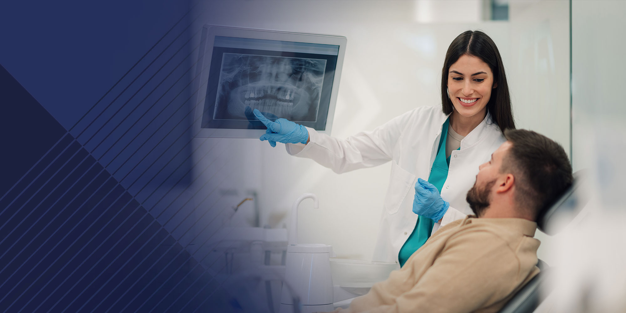 female doctor points to xray